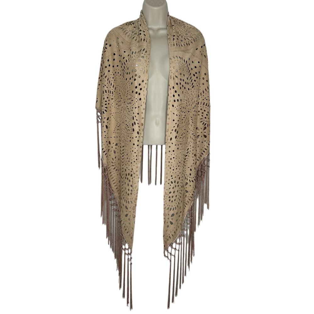 muche et muchette Faux Suede Beige Fringe Boho Wrap Shaw
